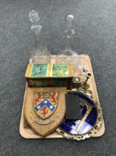 A tray consisting of metal embossed trinket boxes, a miniature Huntley and Palmer biscuit tin,