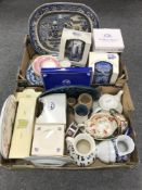 Two boxes of assorted china including Ringtons china, blue and white ashets, steins,