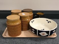 A tray of four Hornsea saffron storage jars,
