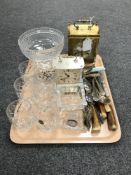 A tray of assorted cutlery, two battery operated carriage clocks, Waterford crystal mantel clock,