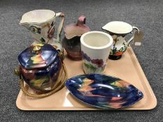 A tray containing a Maling storm lidded biscuit barrel and shallow dish,