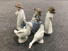 Two Nao swan figures together with three Nao figures depicting girls (5)