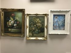 A cream and gilt framed print, still life,
