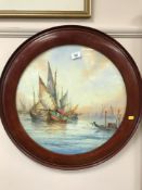 J. Hill : Fishing Boats in Calm Waters, watercolour, signed, 49 cm x 49 cm, framed.