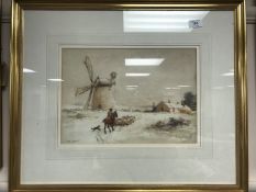 John Atkinson (1863-1924) A man on horseback herding sheep in a winter setting, watercolour, signed,
