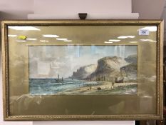 E. Lewis : Fishing boats at low tide, watercolour, signed, 40cm x 18.5cm, framed.