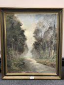 Lewis Crighton : A woodland path, oil on board, 50 cm x 59 cm, signed, framed.