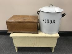 A painted pine cracket together with a small pine storage box and an enamel breadbin