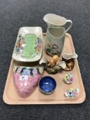 A tray of Maling wall pocket, Maling peony rose dish, Maling finger bowl,