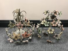 Two metal chandeliers with glass drops,