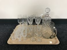 A tray of crystal decanter, antique hand blown glass jug,