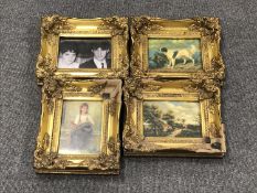 Three ornate gilt frame pictures together with an ornate framed photograph and a white photograph