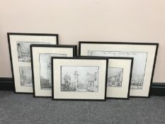 Six framed prints of Venice and an etching after George Morland 