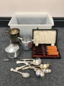 A basket of un-boxed table cutlery, Sheffield plate butter knives, plated tankard,