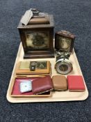 A tray of mahogany cased mantel clock with brass dial,