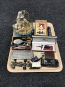 A tray of mid 20th century musical bird cage, pens, hip flask, die cast cars, Rolls Razor,