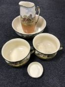 A Royal Doulton jug and wash basin with matching soap dish and two chamber pots,