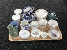 A tray containing Wedgwood Jasperware, Wedgwood wild strawberry, Hathaway rose and Angela china,