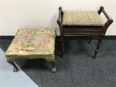 A mahogany storage piano stool together with an early twentieth century tapestry upholstered