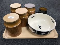 A tray of four Hornsea saffron storage jars,