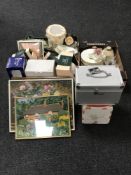 Three boxes containing assorted china, glassware, stoneware water bottles,