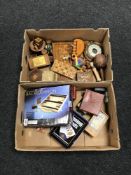 Two boxes of chess boards and pieces, backgammon board, wooden barometer,