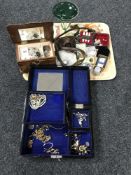 A tray and an inlaid trinket box of costume jewellery and collectables, T.