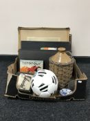 A box containing a lithograph depicting the Royal Baccarat Scandal, vintage Totopoly game, Cluedo,