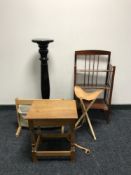 A painted plant stand together with an oak occasional table, a three tier magazine stand,