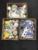 Three boxes containing assorted tea china, Devon ware muffin dish cover, blue and white china,