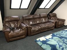 A brown leather three piece electric reclining suite CONDITION REPORT: There is a