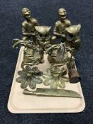 A tray of pair of brass miners figures, pair of brass owls on branches,