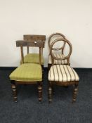 A pair of antique inlaid mahogany dining chairs and a pair of balloon back chairs