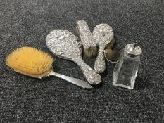 A three piece sterling silver backed dressing table set,