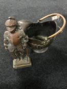 An antique copper coal receiver together with a knight companion stand