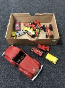 A box containing a vintage tin plate car,