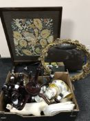 A box containing assorted tea china, wooden chandelier and wall lights,