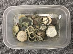 A tub of 18th and early 19th century copper coins including Victorian pennies and metal detector