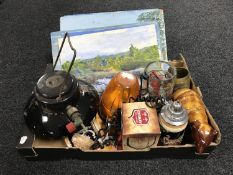 A box of framed and unframed oils on boards, beer steins, tankard,