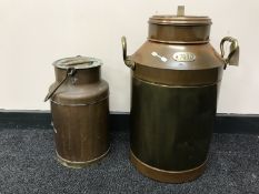 Two copper and brass milk churns