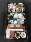 Three crates containing assorted tea china, glassware, candles, plat pots, kitchen storage jars,