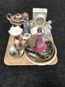 A tray of Aynsley mantel clocks, Royal Doulton jem stone figure - July Ruby, china eggs,