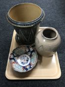 A tray containing a Royal Doulton Lambeth stoneware plant pot with tray (a/f),