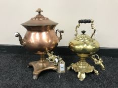 A Victorian copper samovar and a Victorian brass kettle