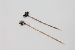Two antique gold pins set with diamonds and pearls