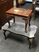 A mahogany Eastern style side table with brass inlay and a French style coffee table
