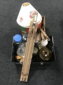 Two boxes containing lamp shades, two artists easels, glass sweet jars, chemist jar,