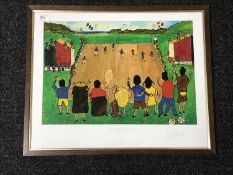 A framed oil, 'egg and spoon next, then 3 leg and sack' signed A.