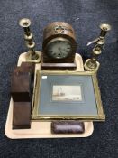 A tray containing an early twentieth century gilt framed watercolour depicting boats at low tide