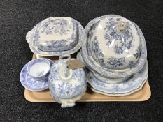 A tray of 19th century blue and white china including Tunstall Asiatic Pheasants pattern